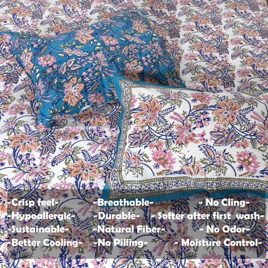 Blue Orange on White  | 210TC Pure Cotton  Bedsheet