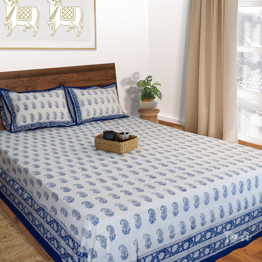 Beautiful Blue Paan Artwork |hand block printed bedsheet| Double bed ,Queen size | 210 TC Pure Cotton| Complementing pillow covers