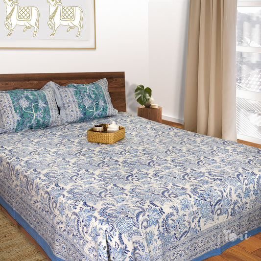 Fresh Blue And White |hand block printed bedsheet| Double bed ,Queen size | 210 TC Pure Cotton| Complementing pillow covers