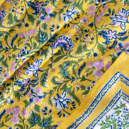 Yellow Garden |hand block printed bedsheet| Double bed ,King size, Queen size | 210 TC Pure Cotton| Complementing pillow covers