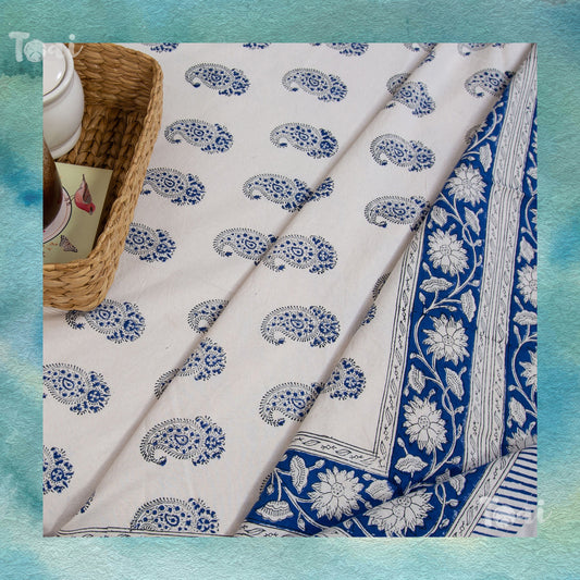 Beautiful Blue Paan Artwork |hand block printed bedsheet| Double bed ,Queen size | 210 TC Pure Cotton| Complementing pillow covers