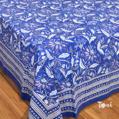Royal Blue, Purple and White Florals |hand block printed bedsheet| Double bed ,Queen size | 210 TC Pure Cotton| Complementing pillow covers