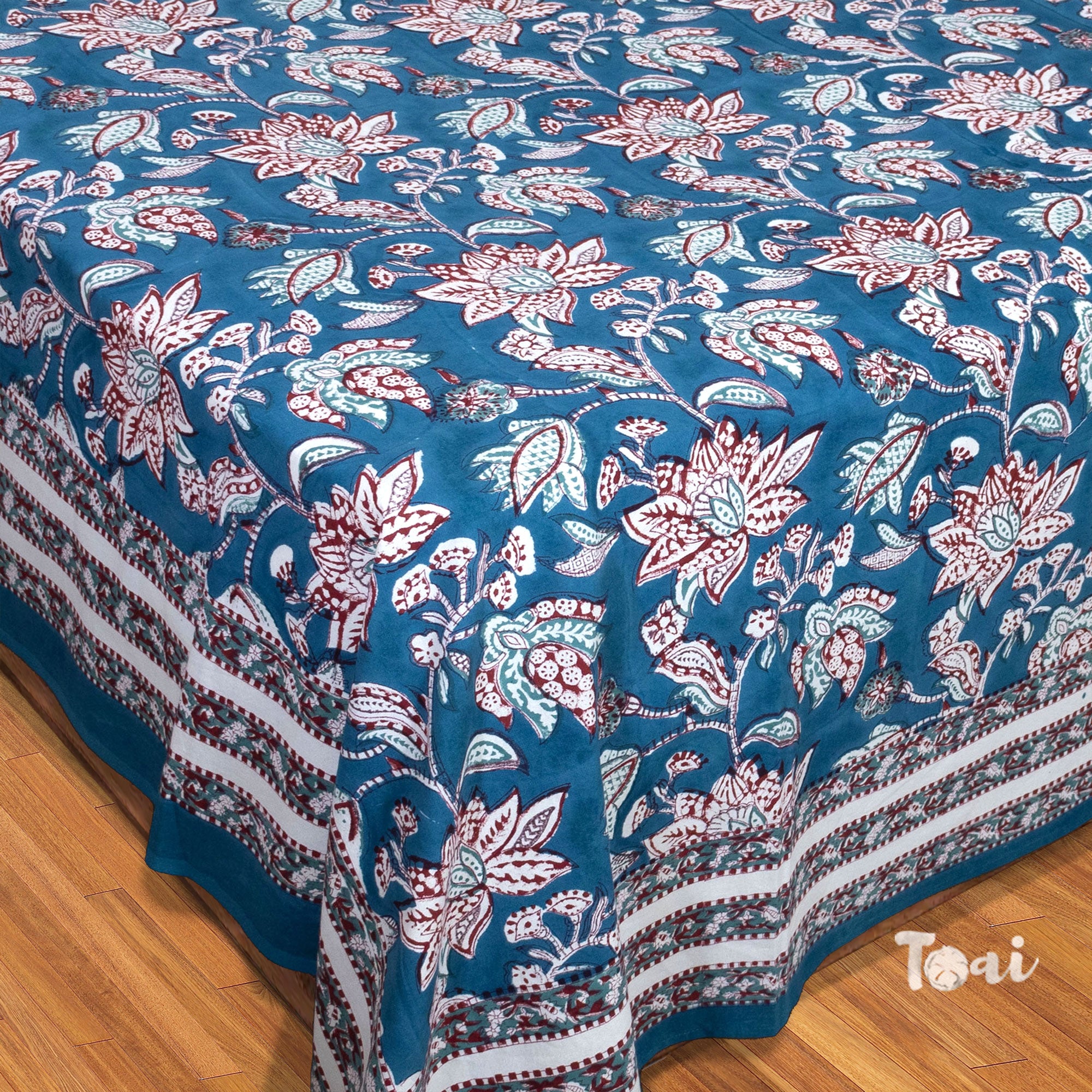 White Red Florals on Blue |hand block printed bedsheet| Double bed ,Queen size | 210 TC Pure Cotton| Complementing pillow covers