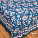White Red Florals on Blue |hand block printed bedsheet| Double bed ,Queen size | 210 TC Pure Cotton| Complementing pillow covers