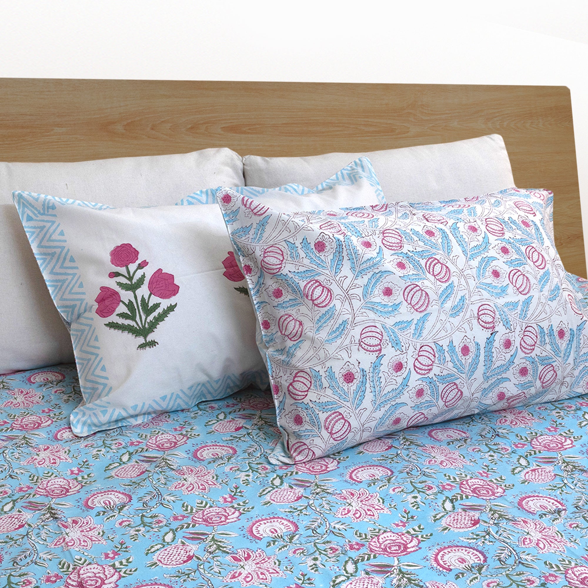 Pink Flowers on Blue -Reversible Printed Pillow covers