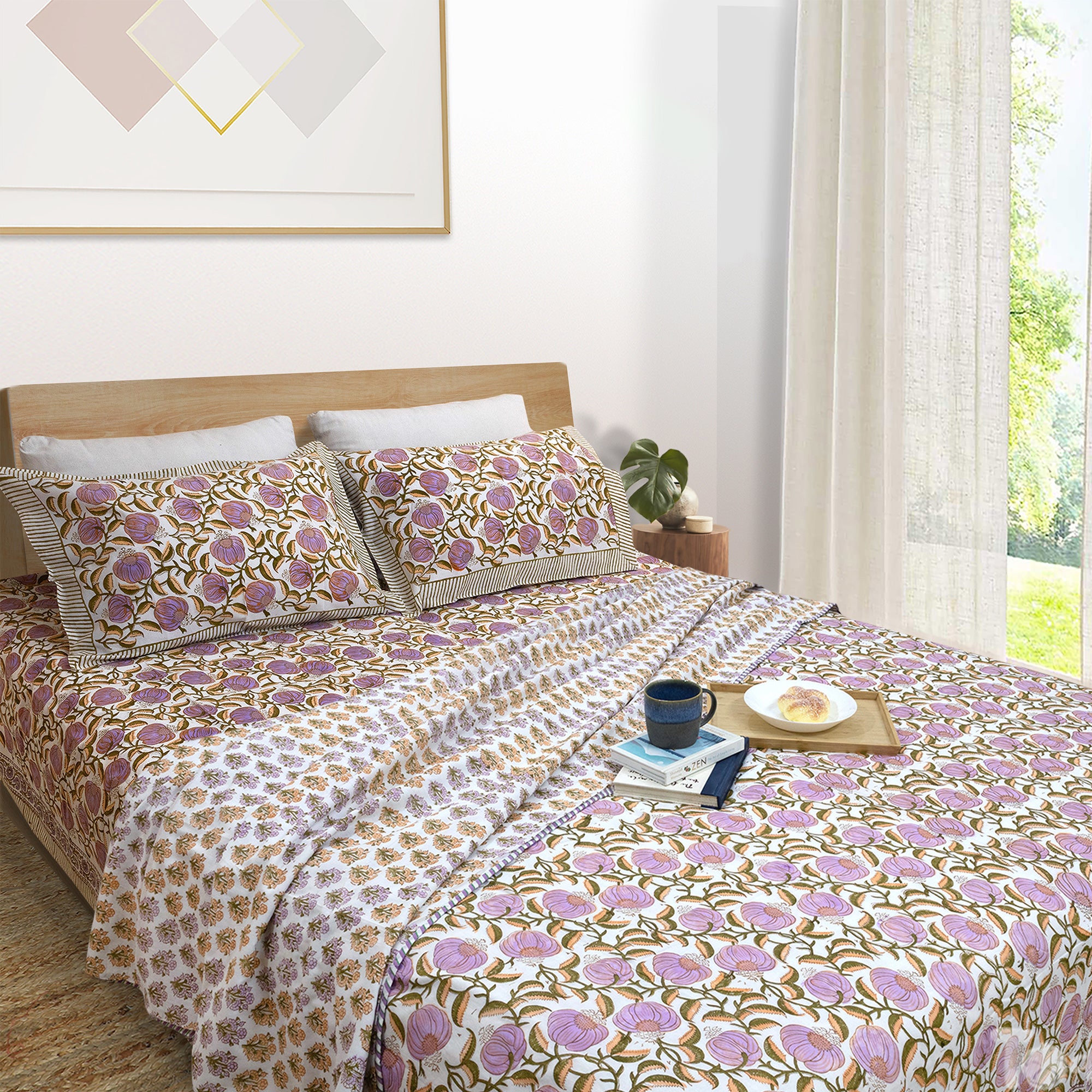 Round Flowers on Green |All- Season Bedding Set | Long Staple Fiber Bedsheet , Pillow Covers, Dohar