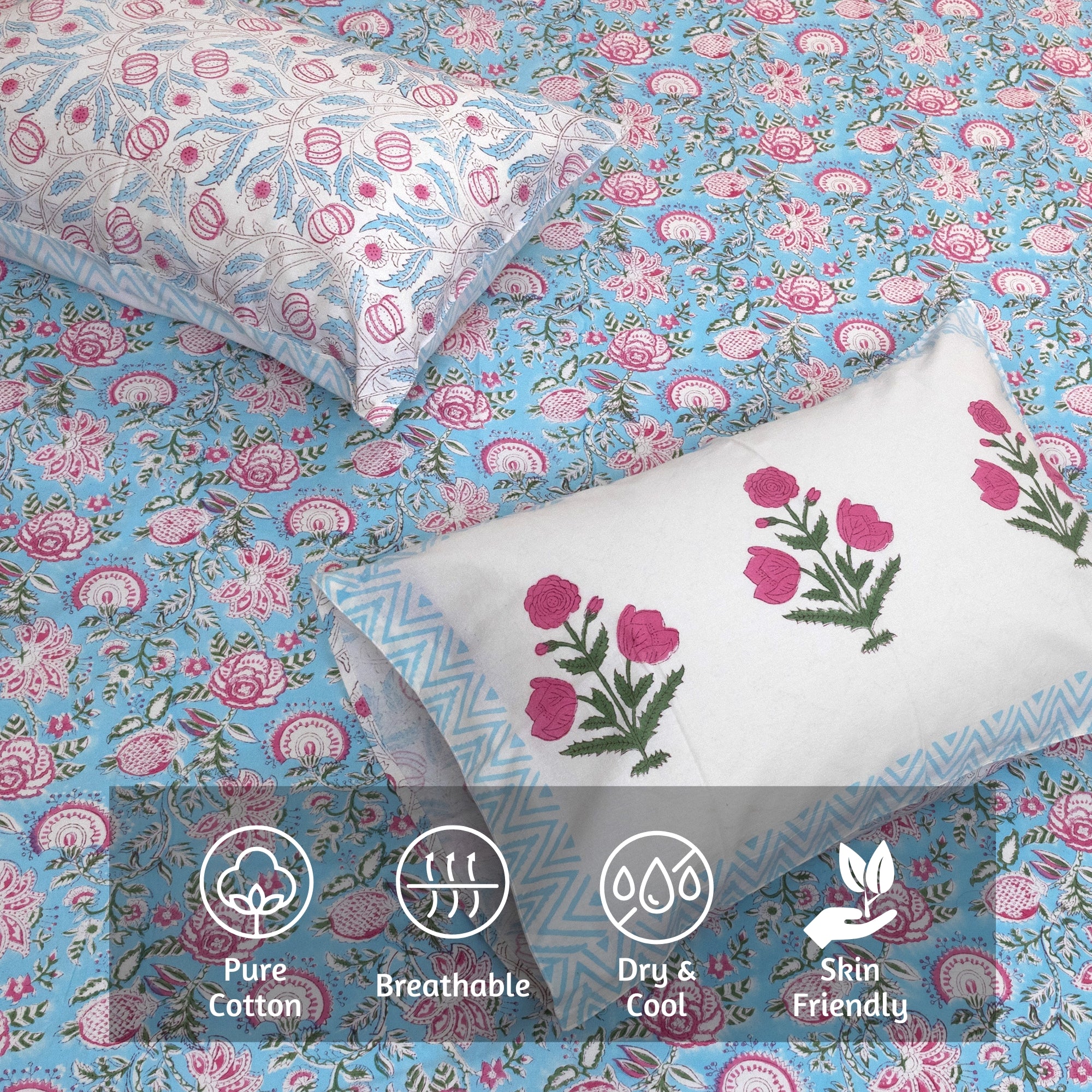 Pink Florals on Blue | Fine Quality Bedsheet
