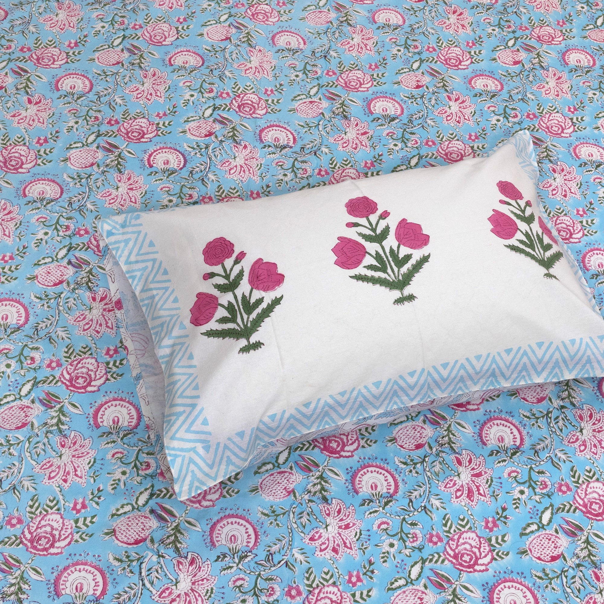 Pink Florals on Blue | Fine Quality Bedsheet