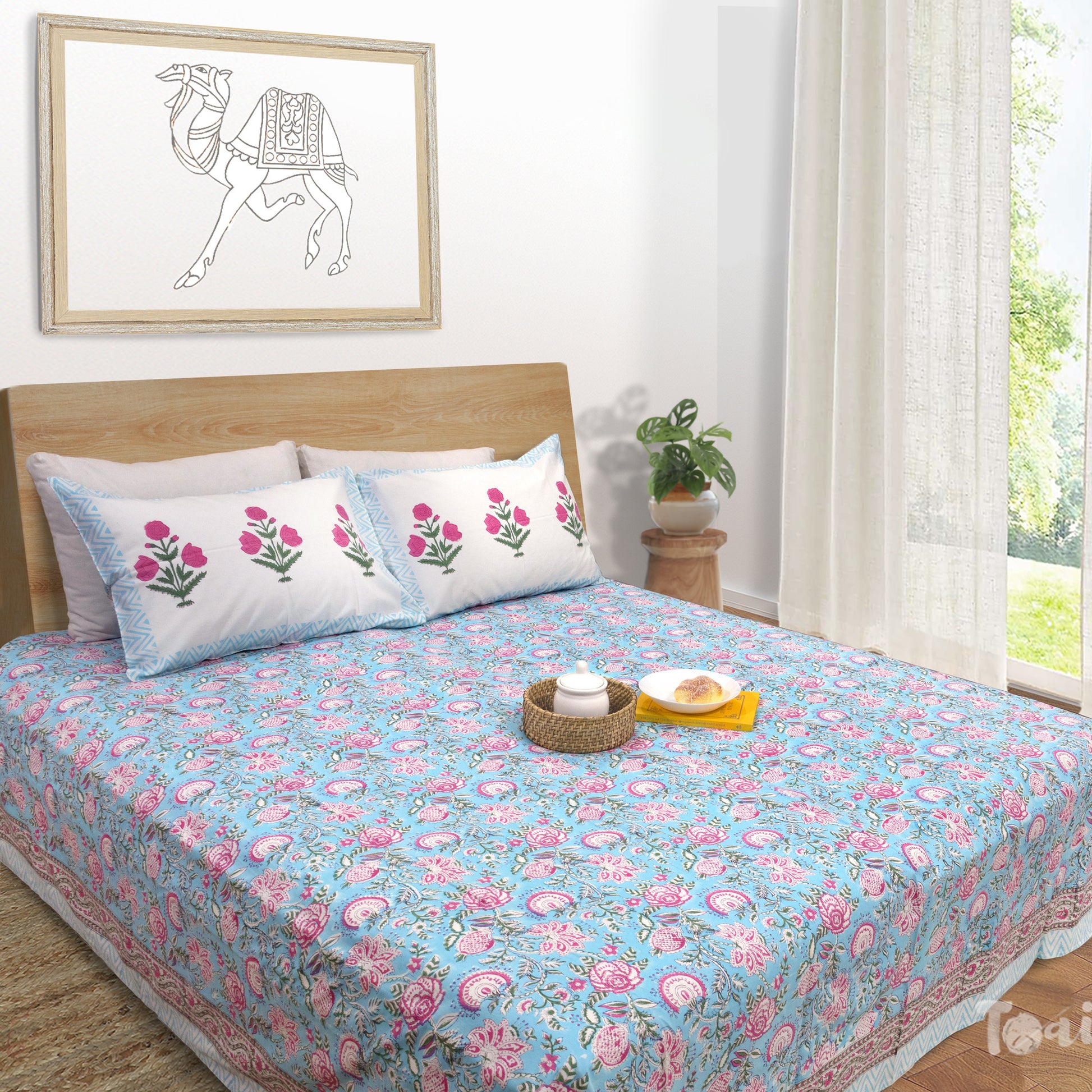 Pink Florals on Blue  - King Queen Cotton Bed sheet