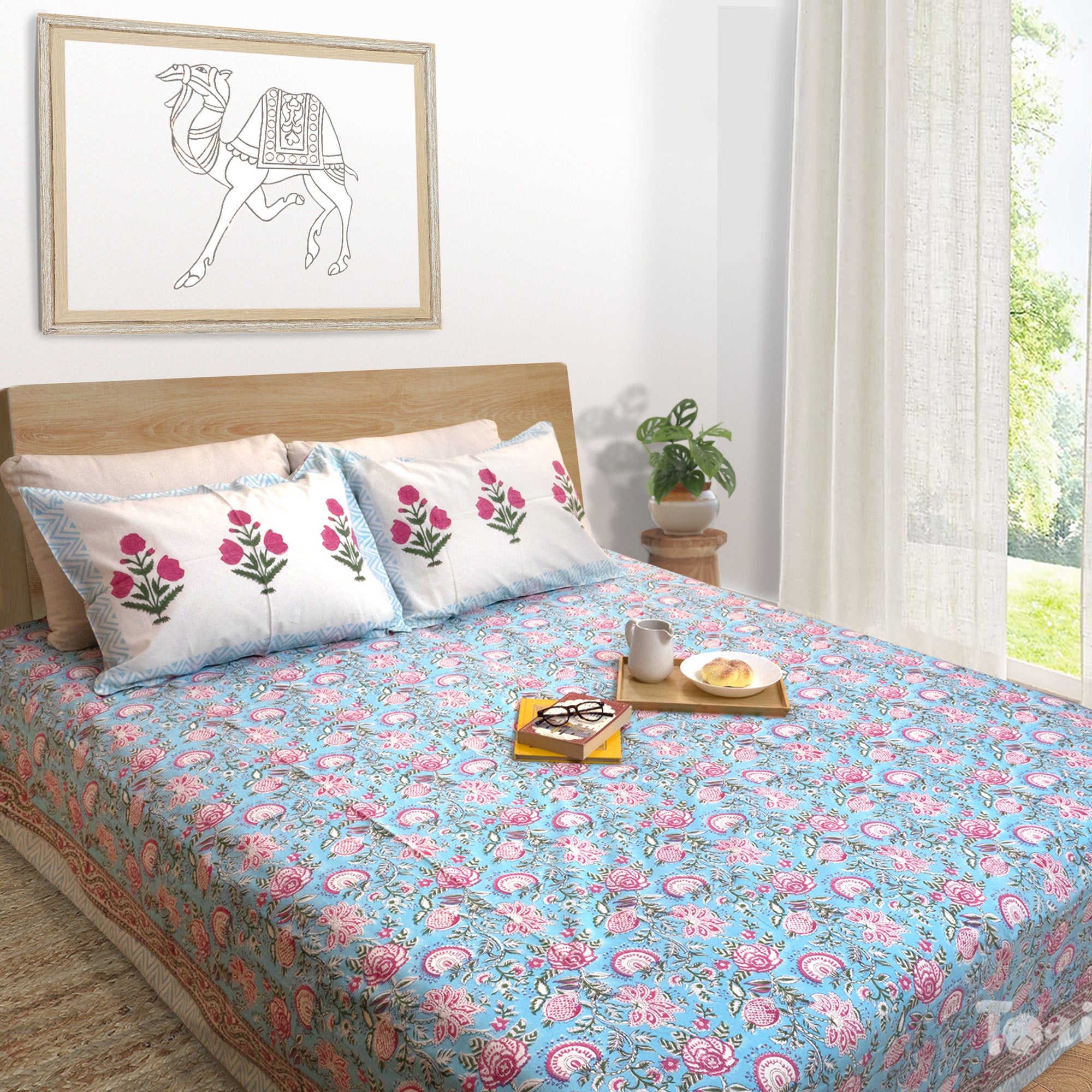 Pink Flowers on Blue -Double Bed Bedding Set