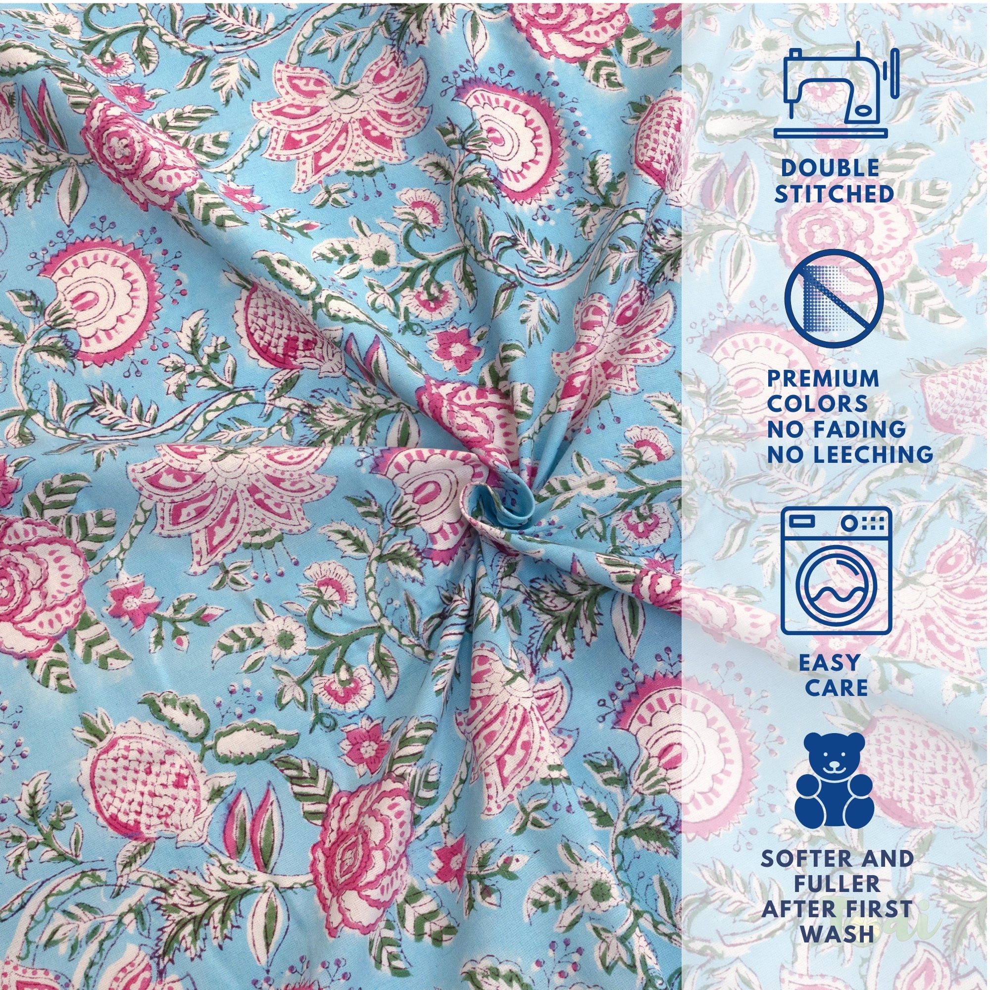 Pink Florals on Blue | Fine Quality Bedsheet