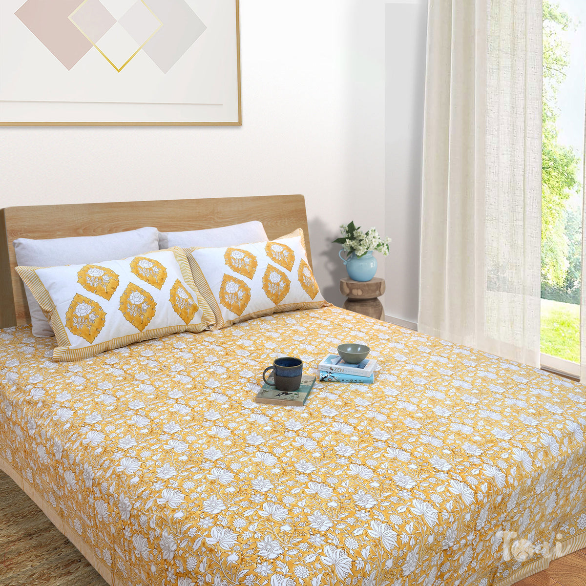 Yellow Kalamkari| Comforter Bedding Set | Premium Bedsheet , Pillow Covers, Quilt / Razai