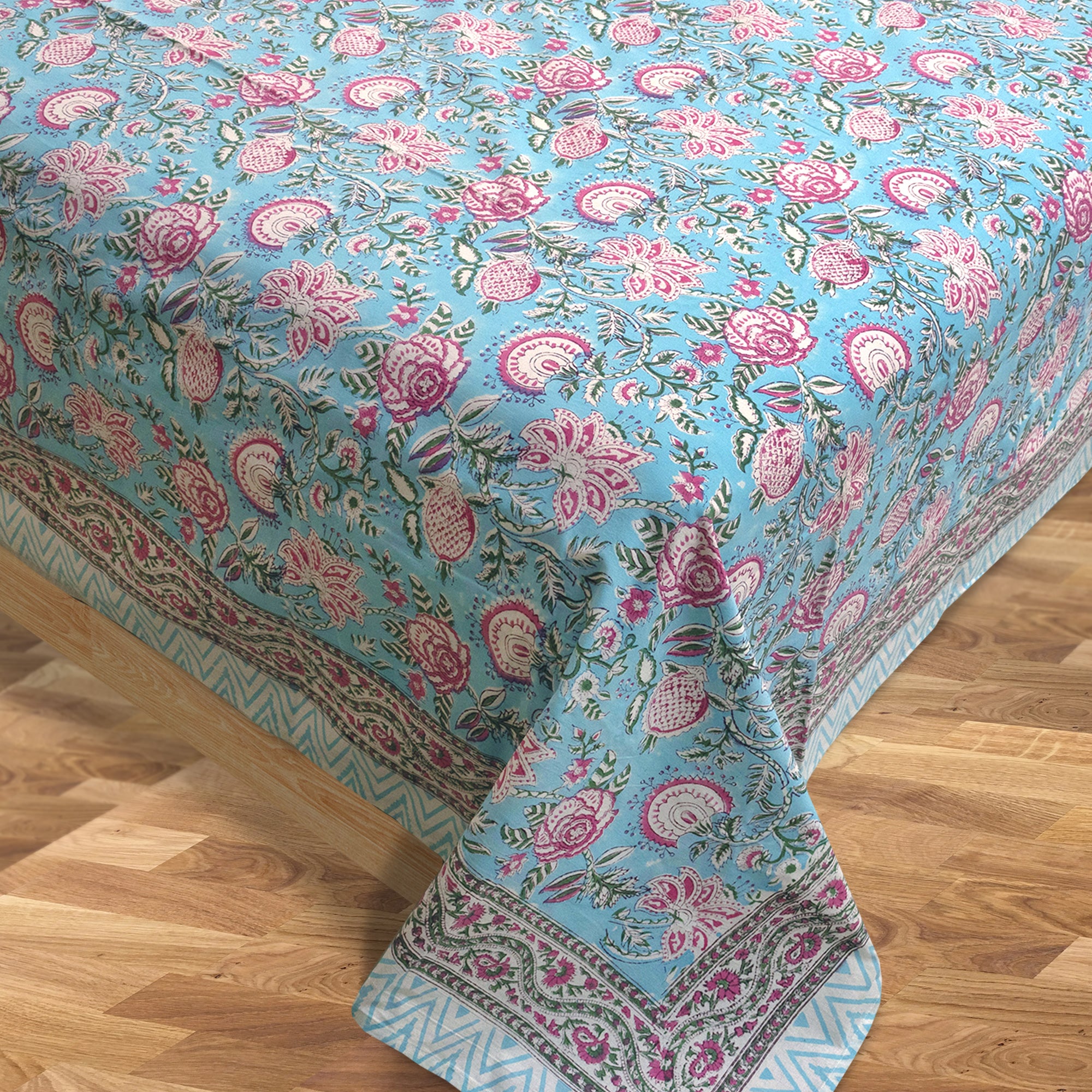Pink Florals on Blue | Fine Quality Bedsheet