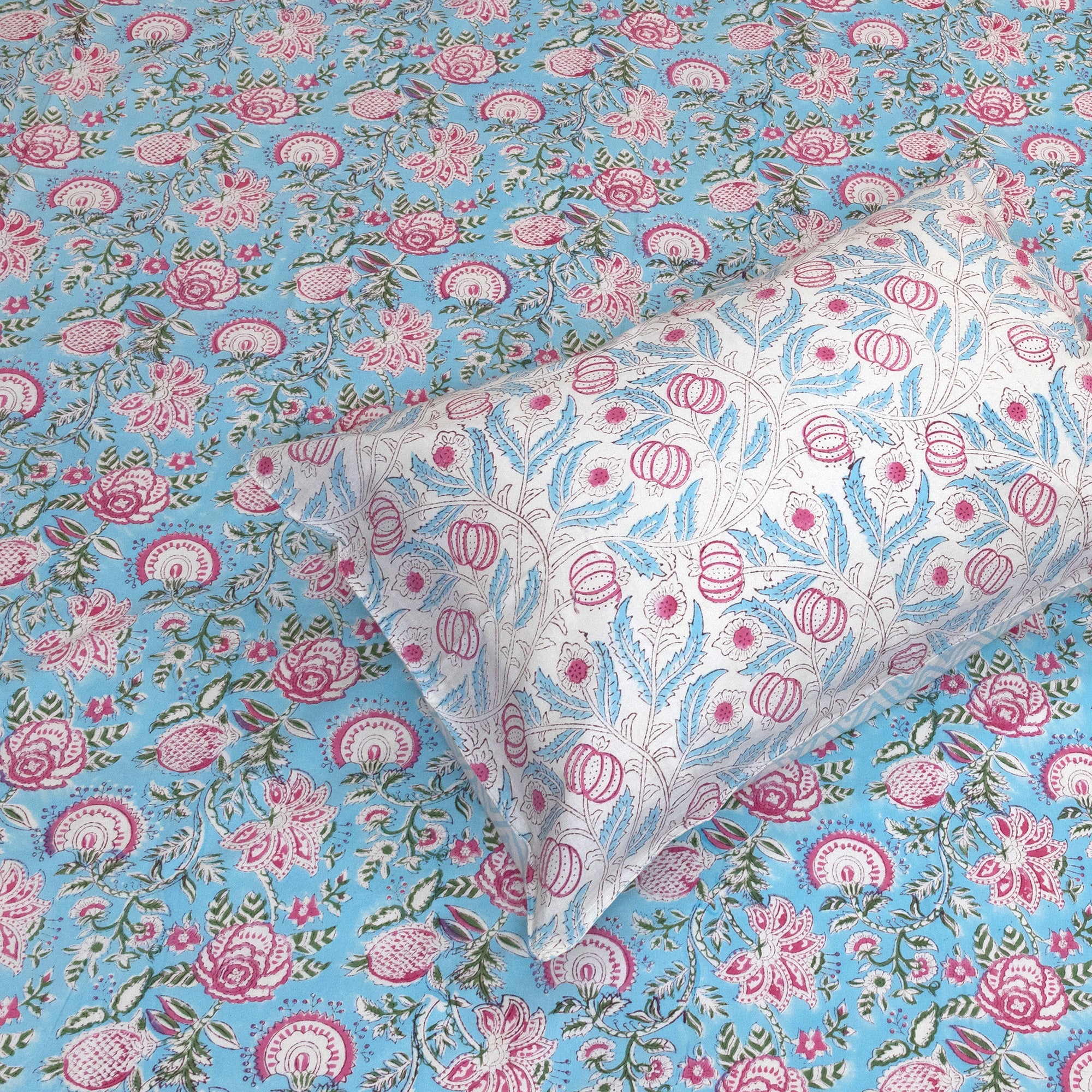 Pink Florals on Blue | Fine Quality Bedsheet