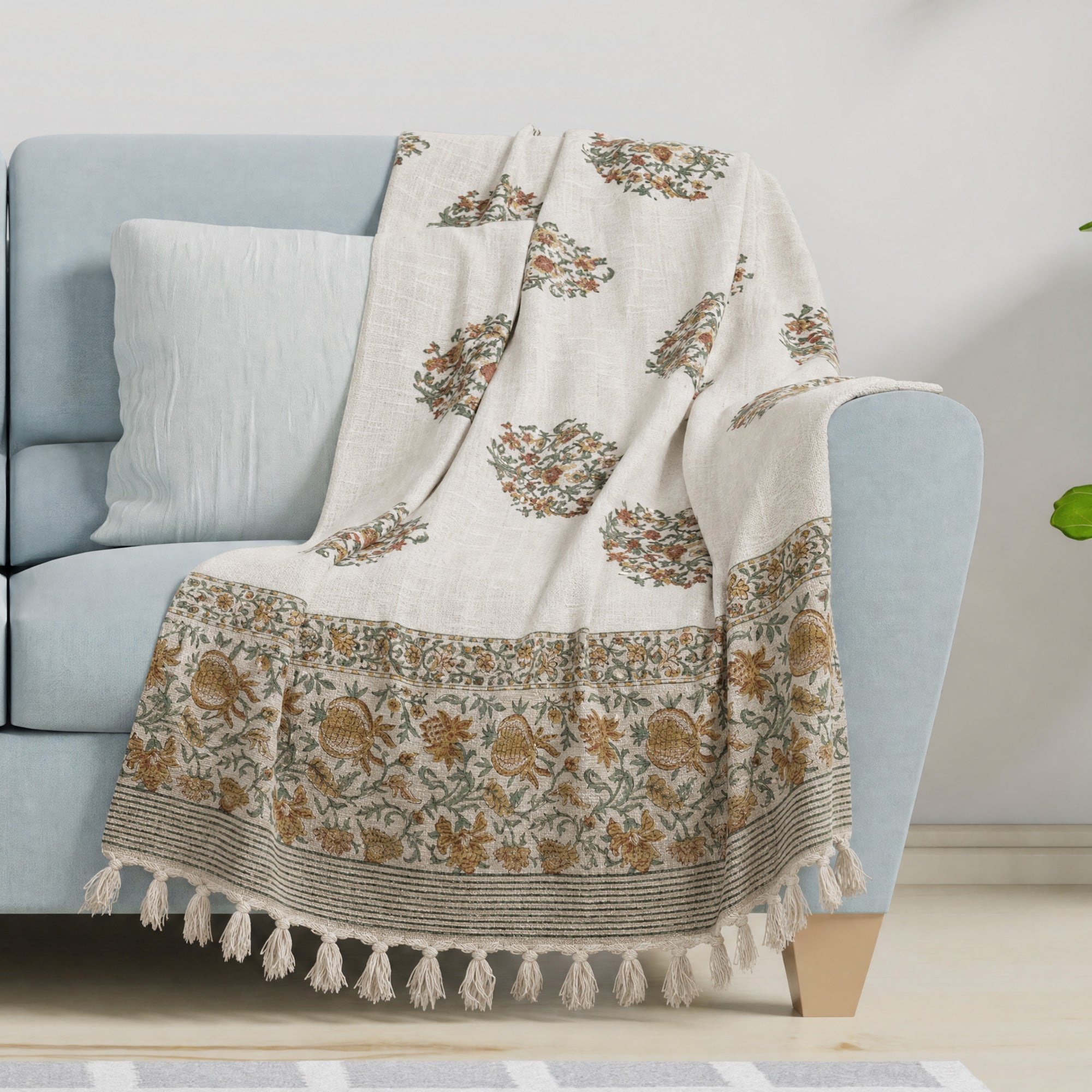 Earthy Mugal Motif | Multi Color Florals | Woven Sofa Throw
