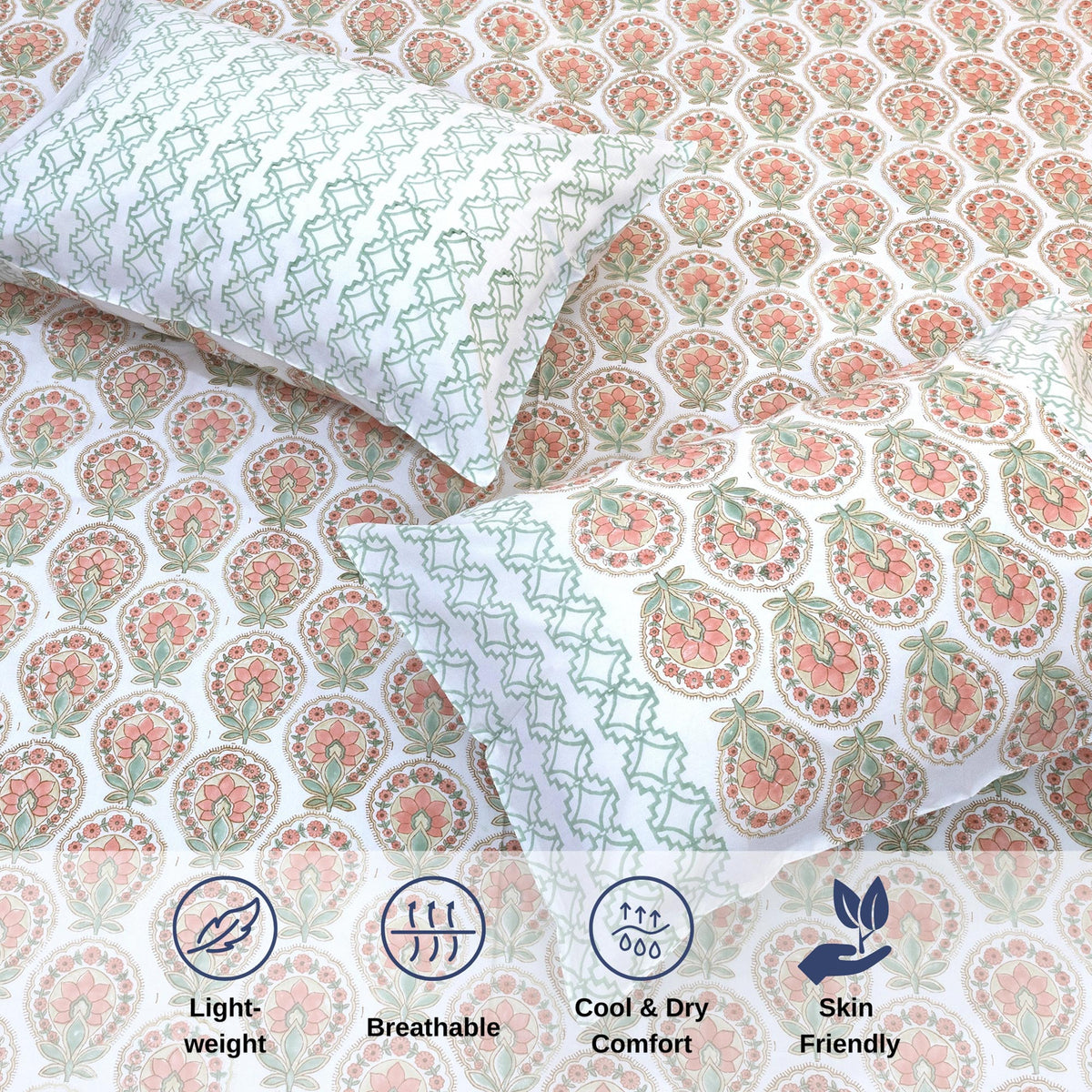 Peach Green White | Premium Bedsheet