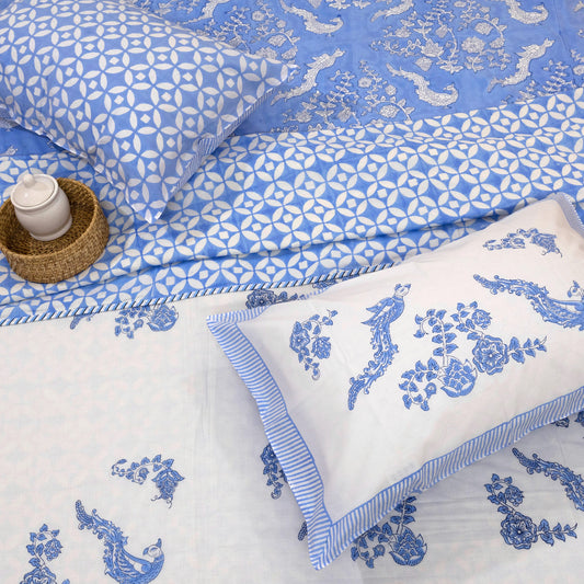 Blue Bird| 300TC Bedsheet | 2 Pillow Covers | Mulmul Cotton Dohar
