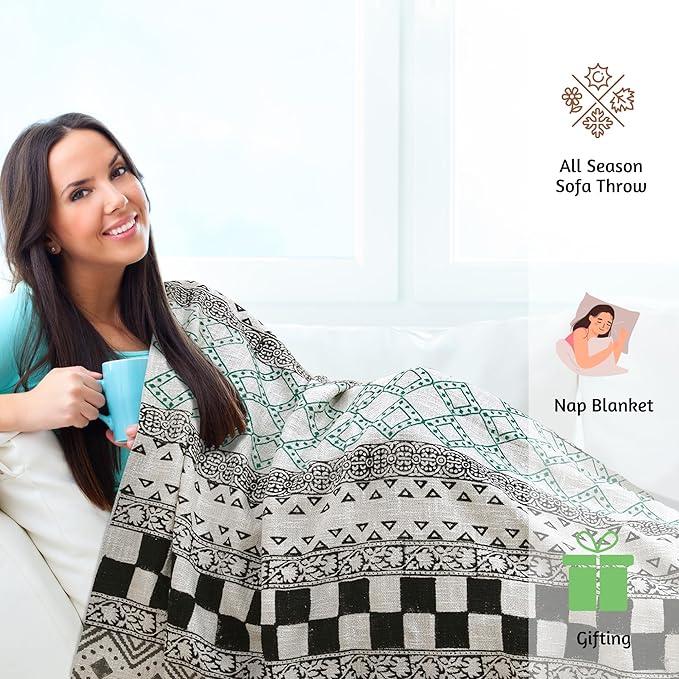 Green Gray Line | MultiColor Florals | Woven Sofa Throw