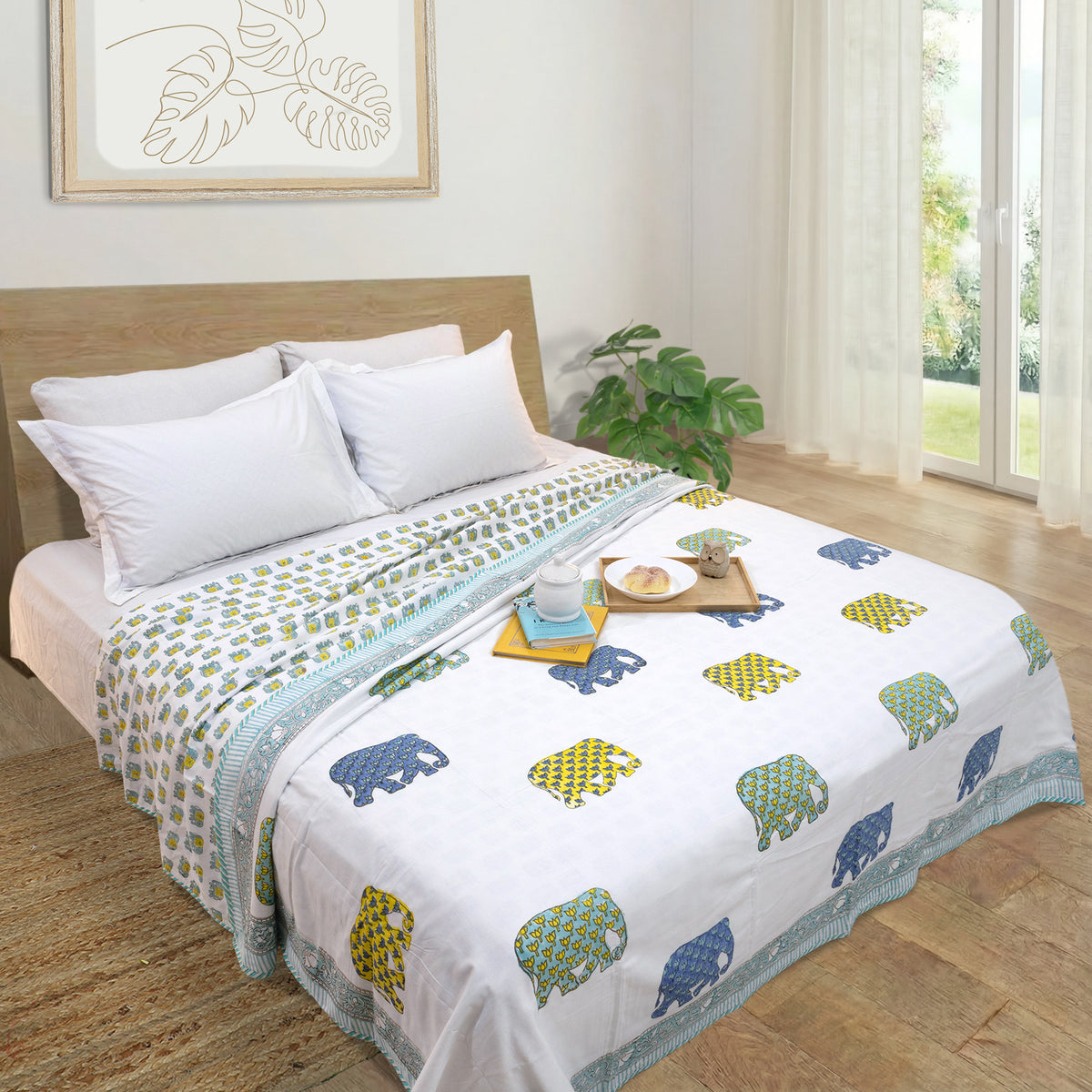Elephant White Blue Green Yellow | Dohar | Summer Blanket