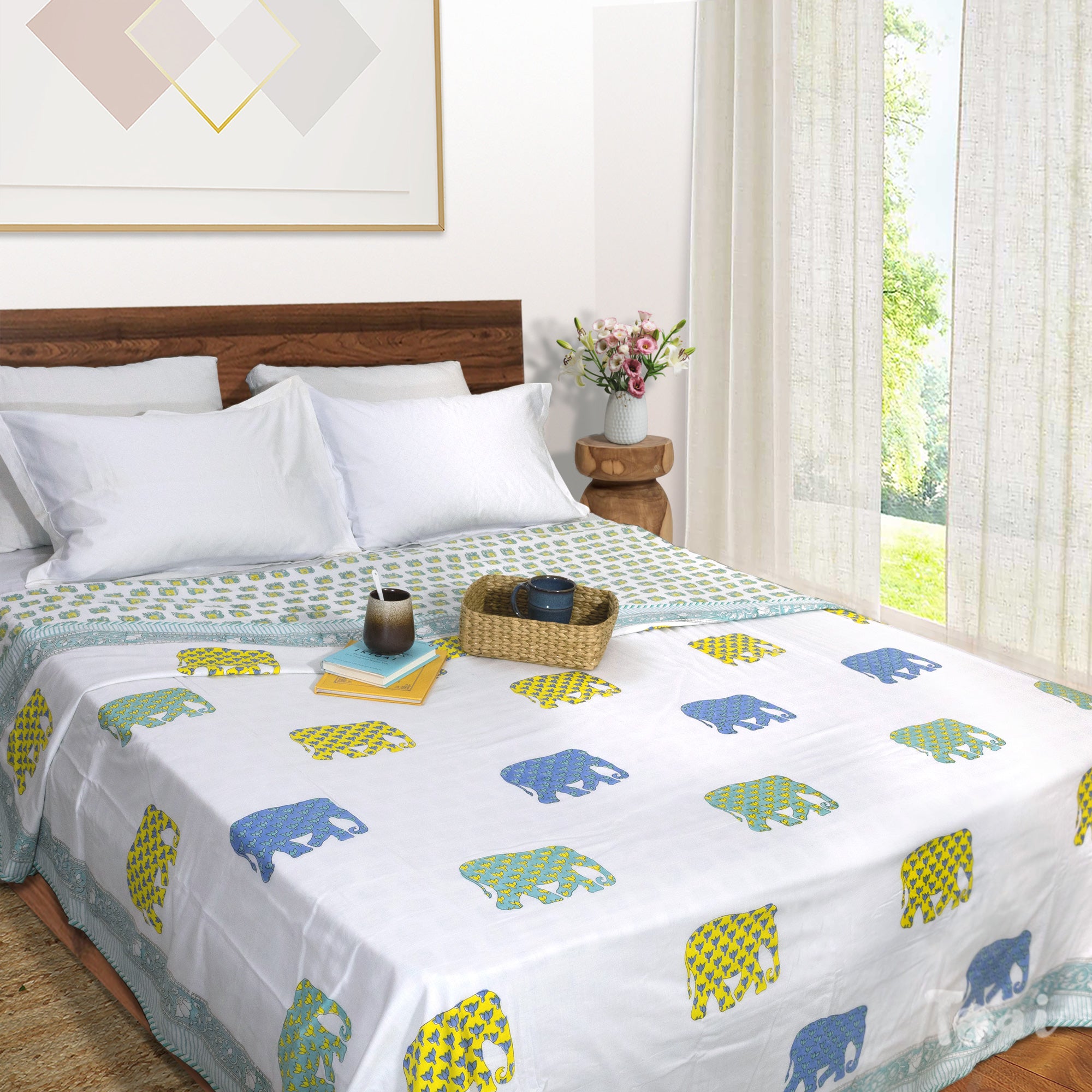 Elephant White Blue Green Yellow | Dohar | Summer Blanket