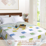 Elephant White Blue Green Yellow | Pure Mulmul Cotton | Flannel filling