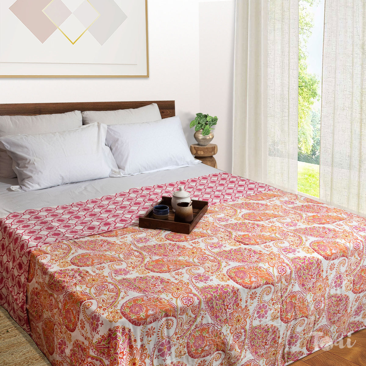 Pink Paan on White| Jaipuri Screen printed| Double Dohar | Premium Mulmul Cotton | Reversible