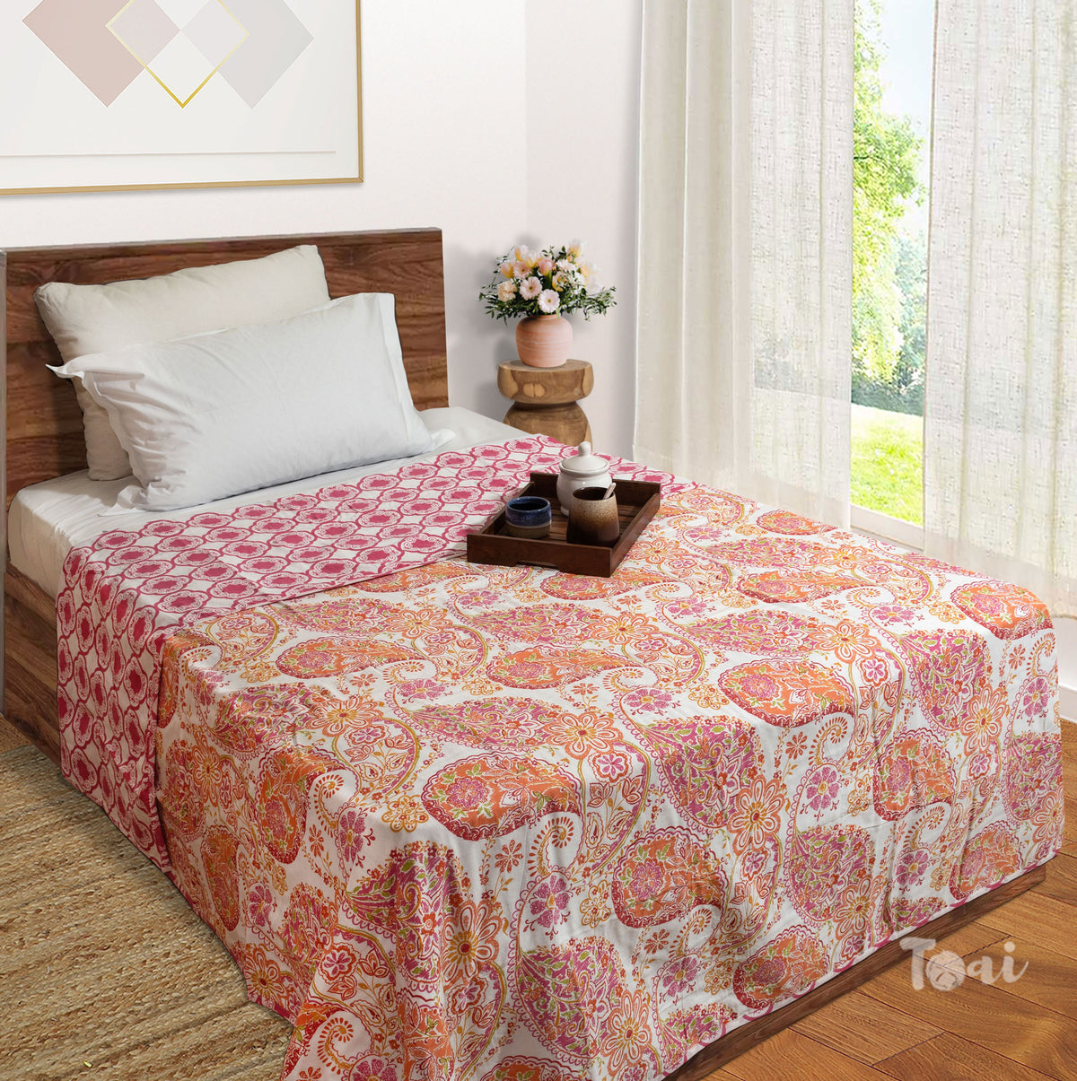 Pink Paan on White| Jaipuri Screen printed| Single Dohar | Premium Mulmul Cotton | Reversible