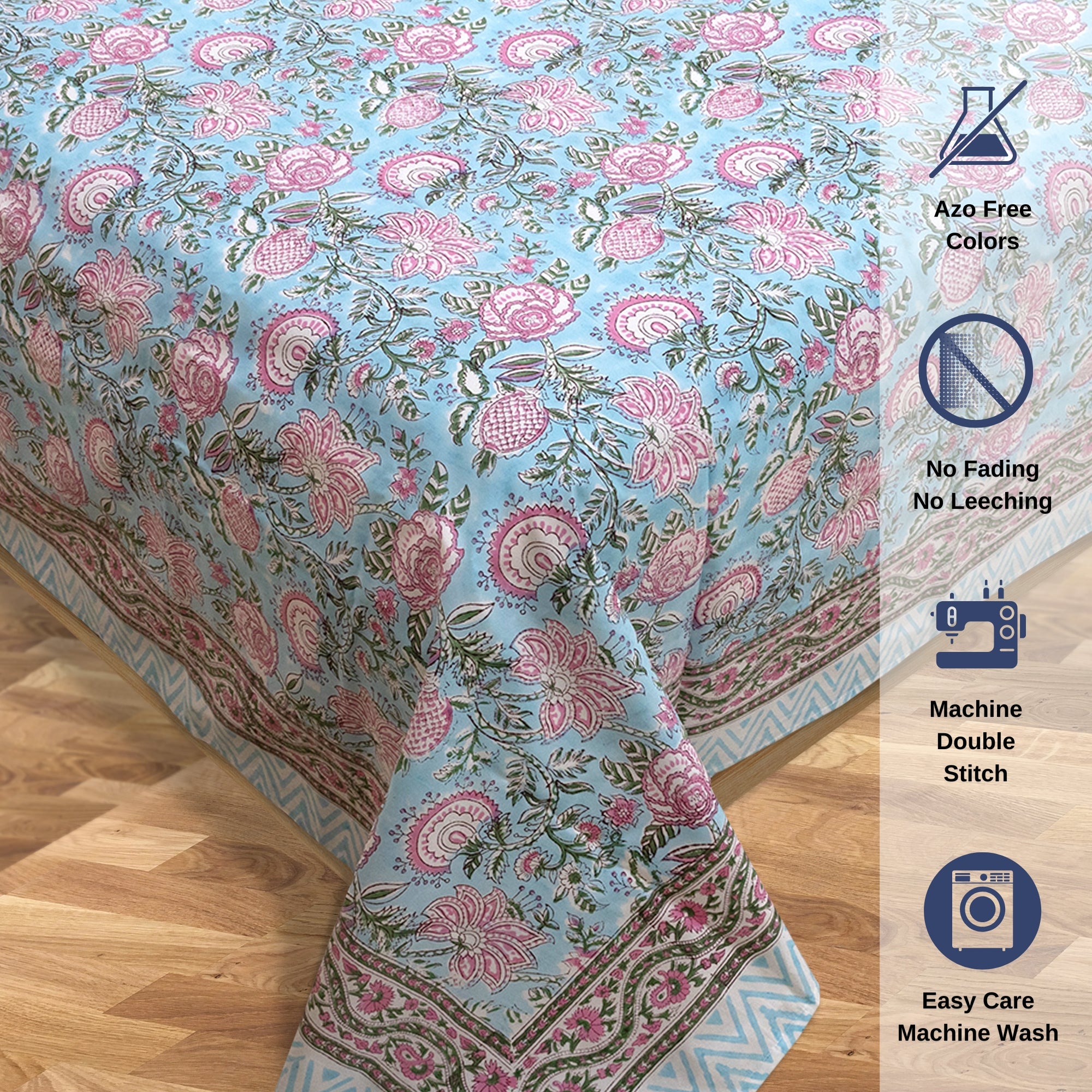 Pink Florals on Blue  - Bedsheet for double bed