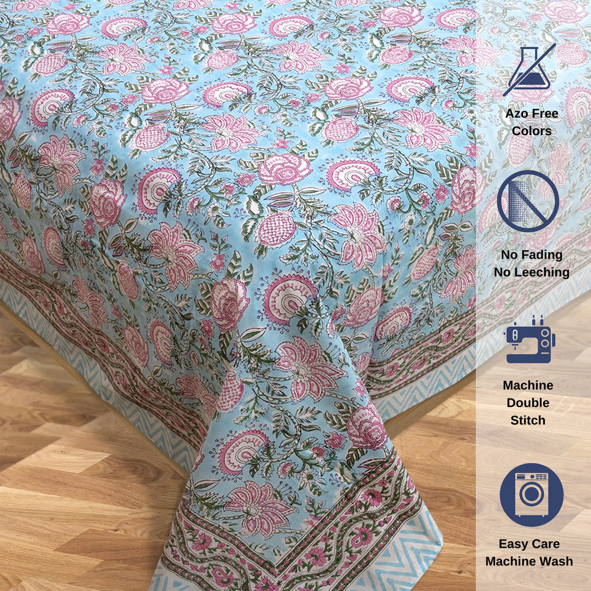 Pink Florals on Blue  |  Premium Bedsheet