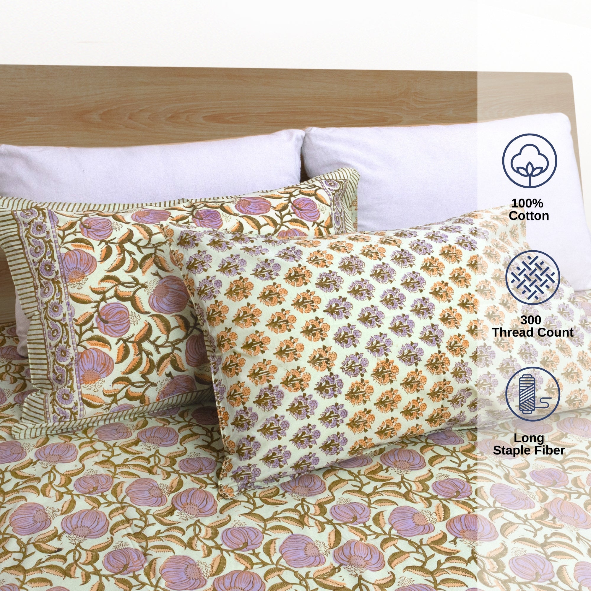 Round Florals On Green   - Bedsheet with Pillow Covers