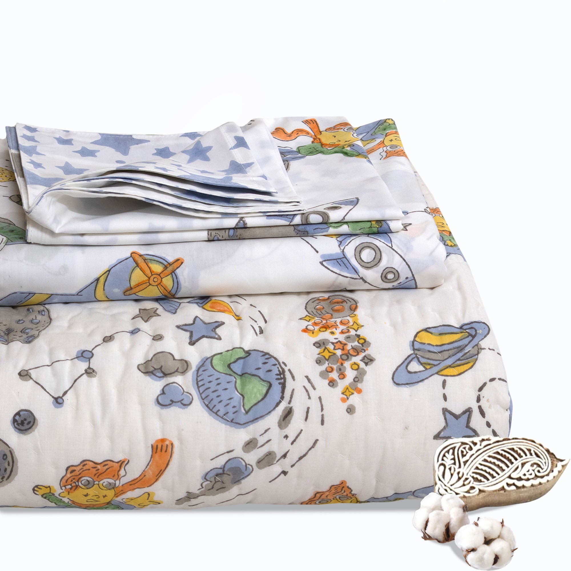 Space Boy| Comforter Bedding Set | Premium Bedsheet , Pillow Covers, Quilt / Razai