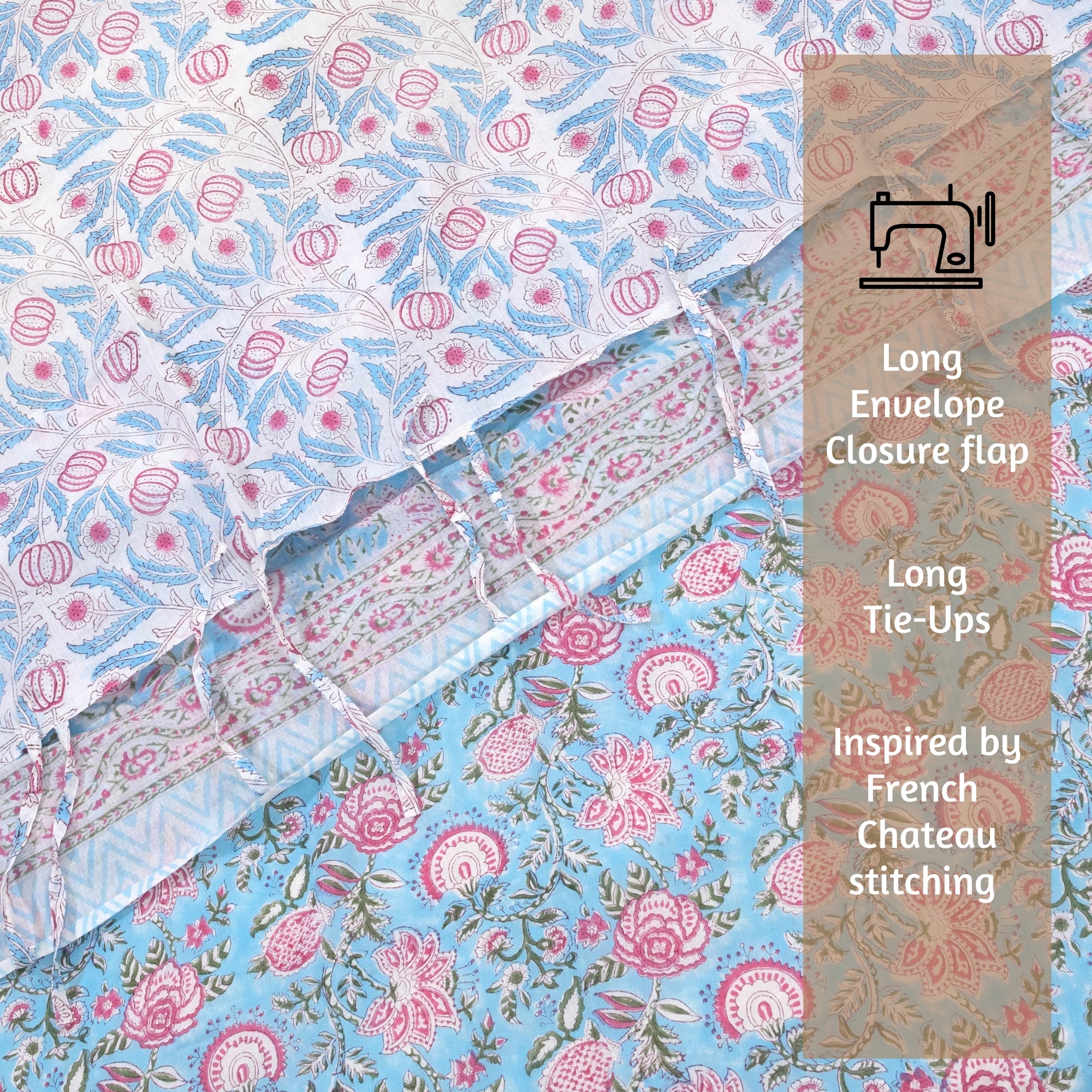 Pink Florals on Blue | Quilt Duvet Cover with Pillow Covers