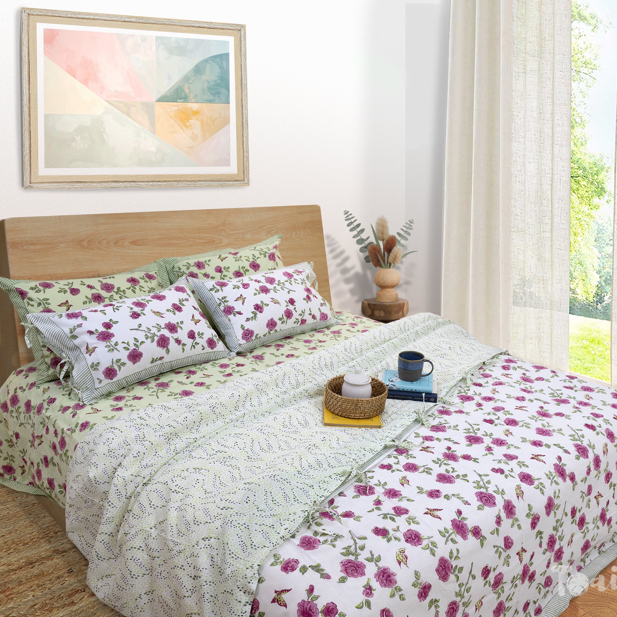 Rose Meadow |All- Season Bedding Set | Premium Bedsheet , Pillow Covers, Duvet Razai Blanket Cover