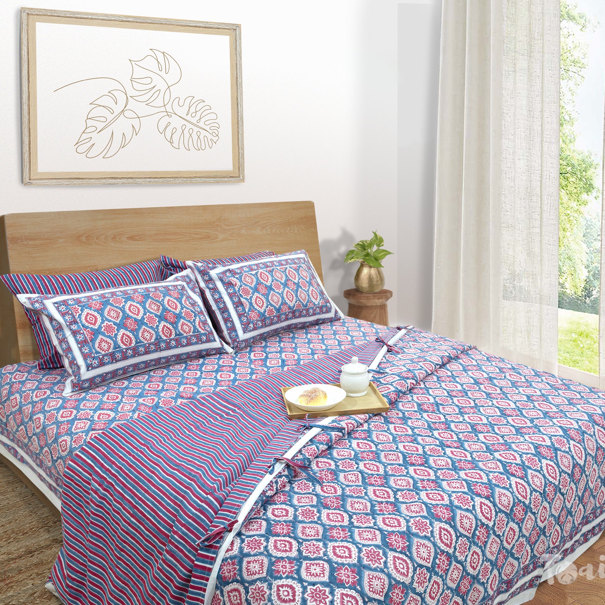 Spanish Villa Blue Red-Bedsheet with Quilt cover