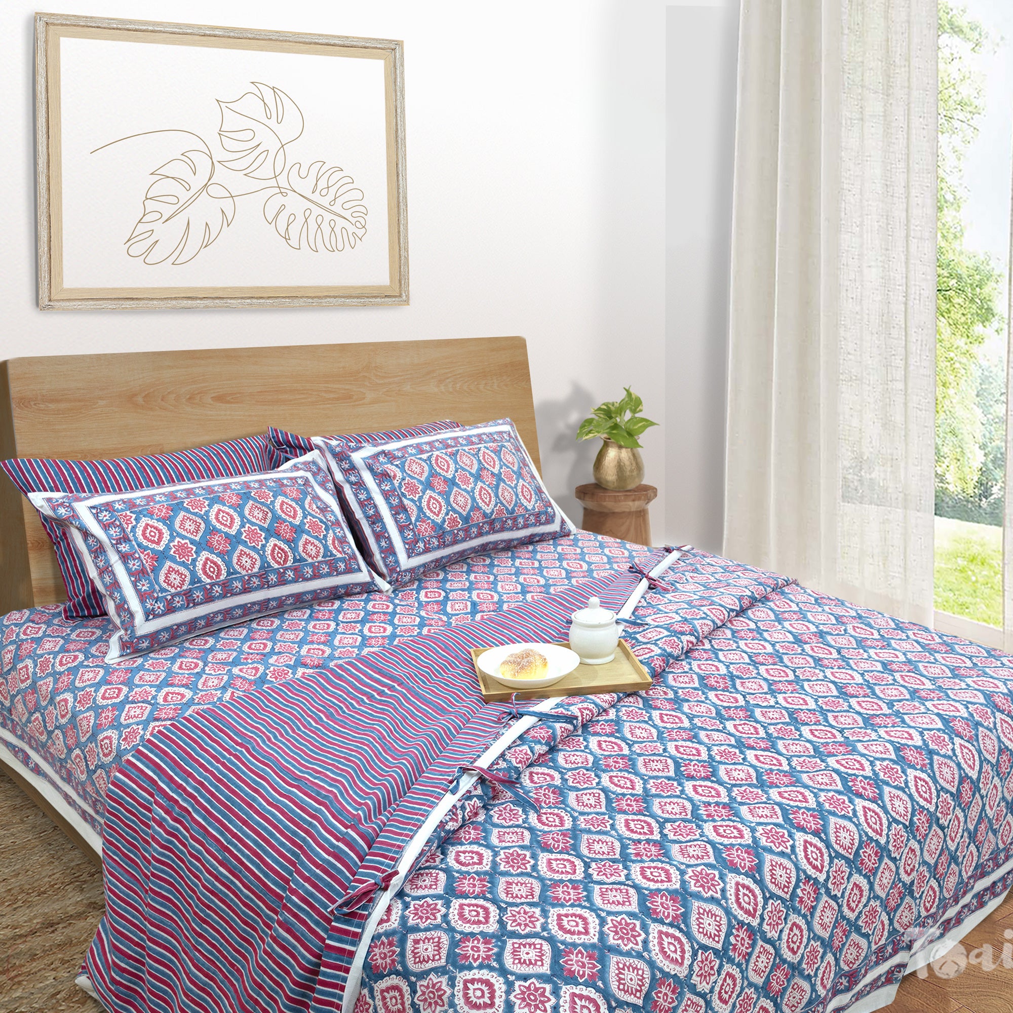 Spanish Villa Blue Red-Bedsheet with Quilt cover