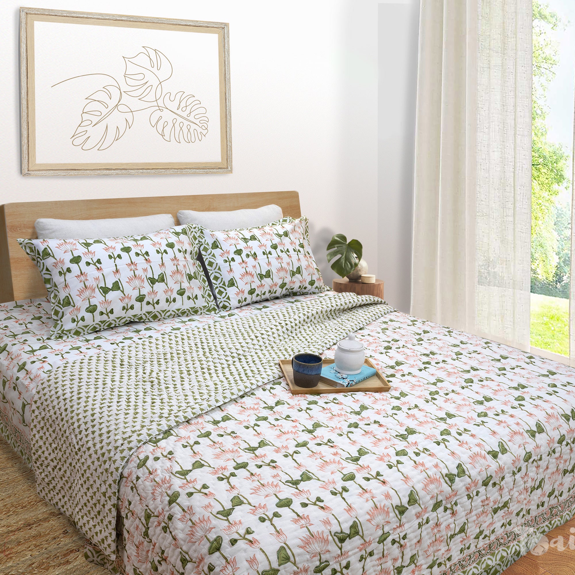 Lotus Vines| Comforter Bedding Set | Premium Bedsheet , Pillow Covers, Quilt / Razai