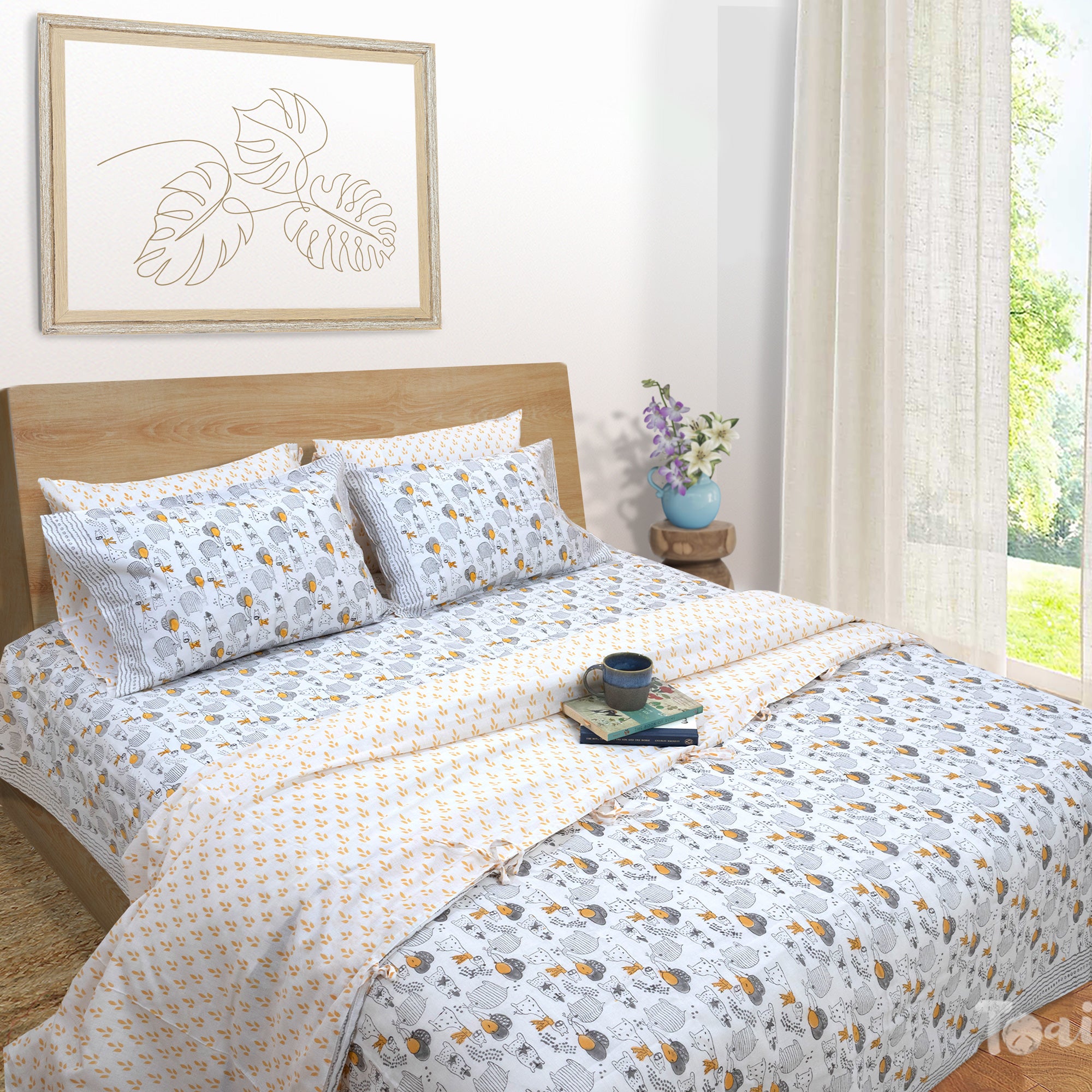 Grey Cartoon |All- Season Bedding Set | Premium Bedsheet , Pillow Covers, Duvet Razai Blanket Cover