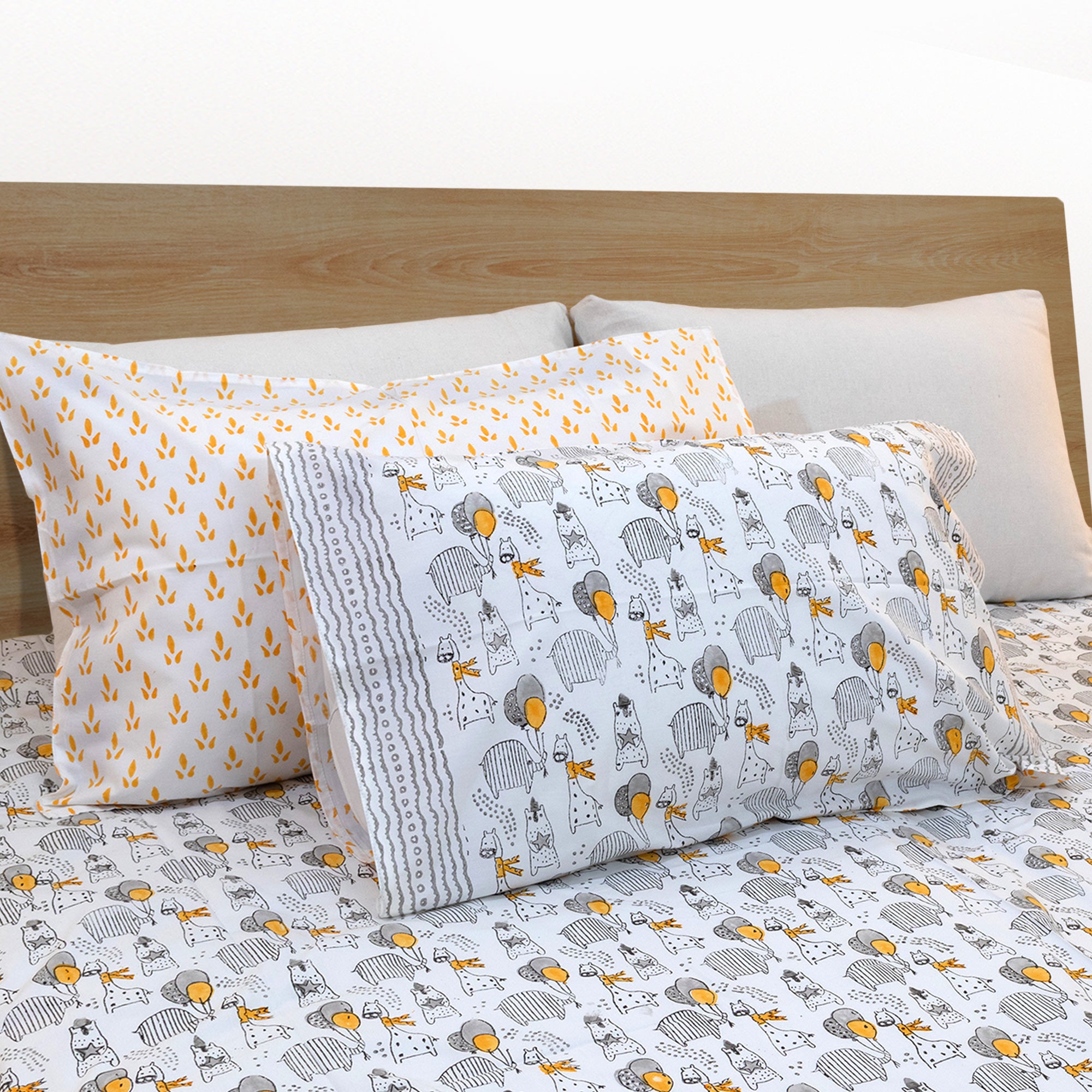 Grey Cartoon |  All- Season Bedding Set | Premium Bedsheet , Pillow Covers, Dohar