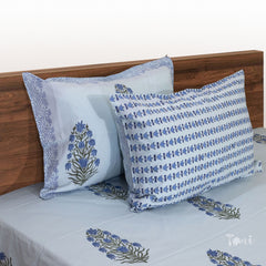 Blue Tulip On Blue Artwork |hand block printed bedsheet| Double bed: Queen size, King Size | 300 TC Premium Pure Cotton| Complementing pillow covers