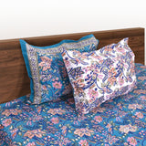 Pink Purple florals on Blue |hand block printed bedsheet| Double bed ,Queen size | 210 TC Pure Cotton| Complementing pillow covers