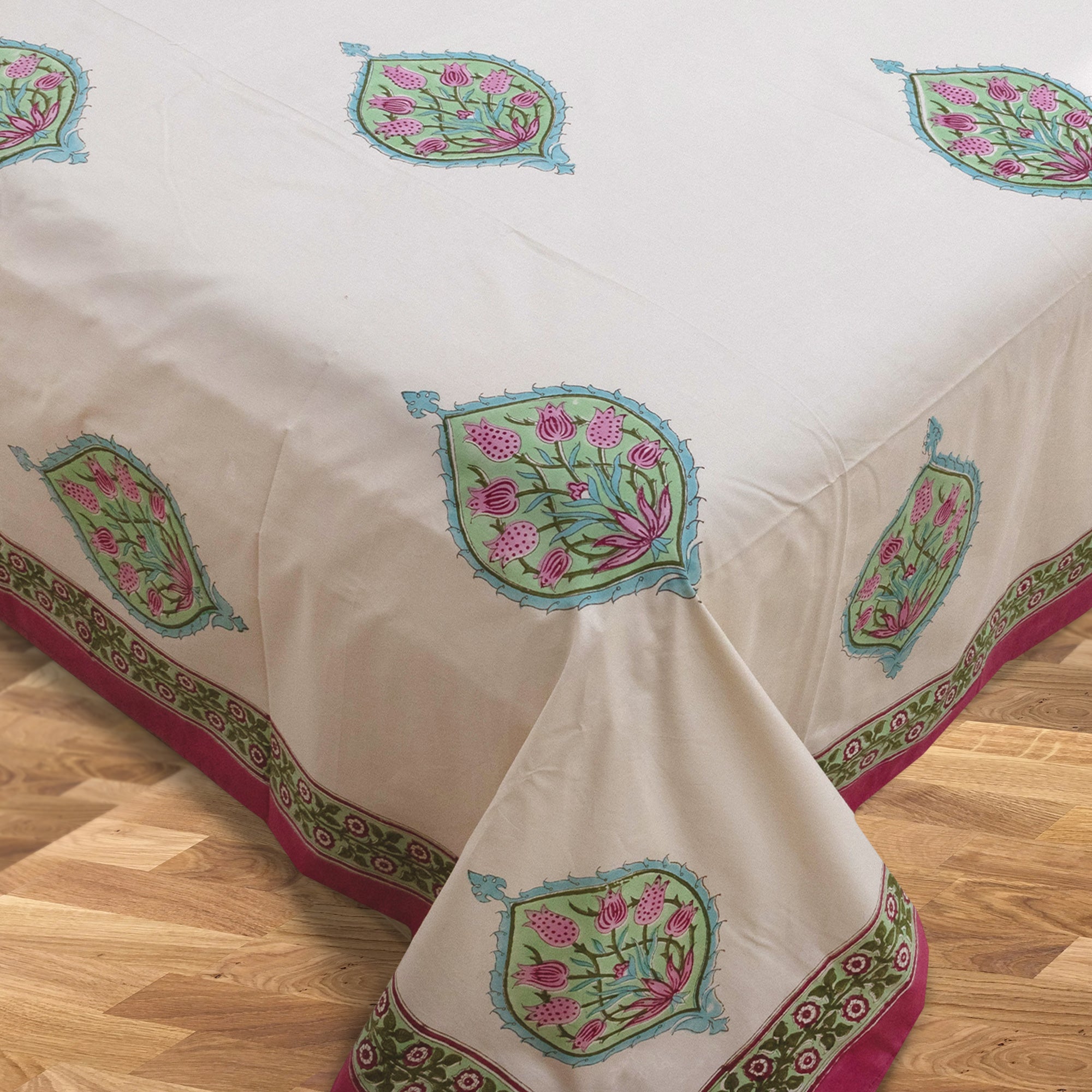 Pink Blue Paan on Beige | Premium Bedsheet