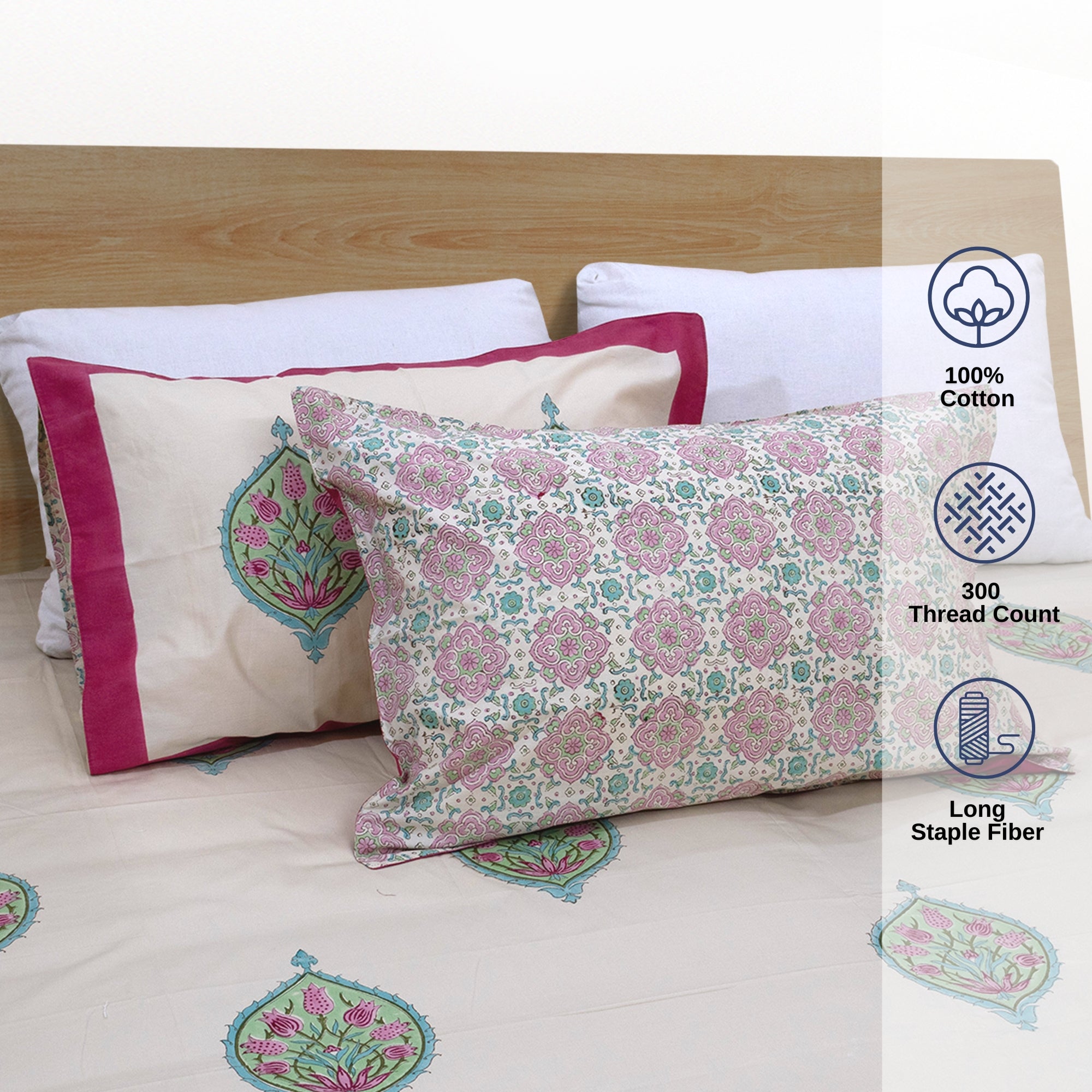 Pink Blue Paan on Beige | Premium Bedsheet