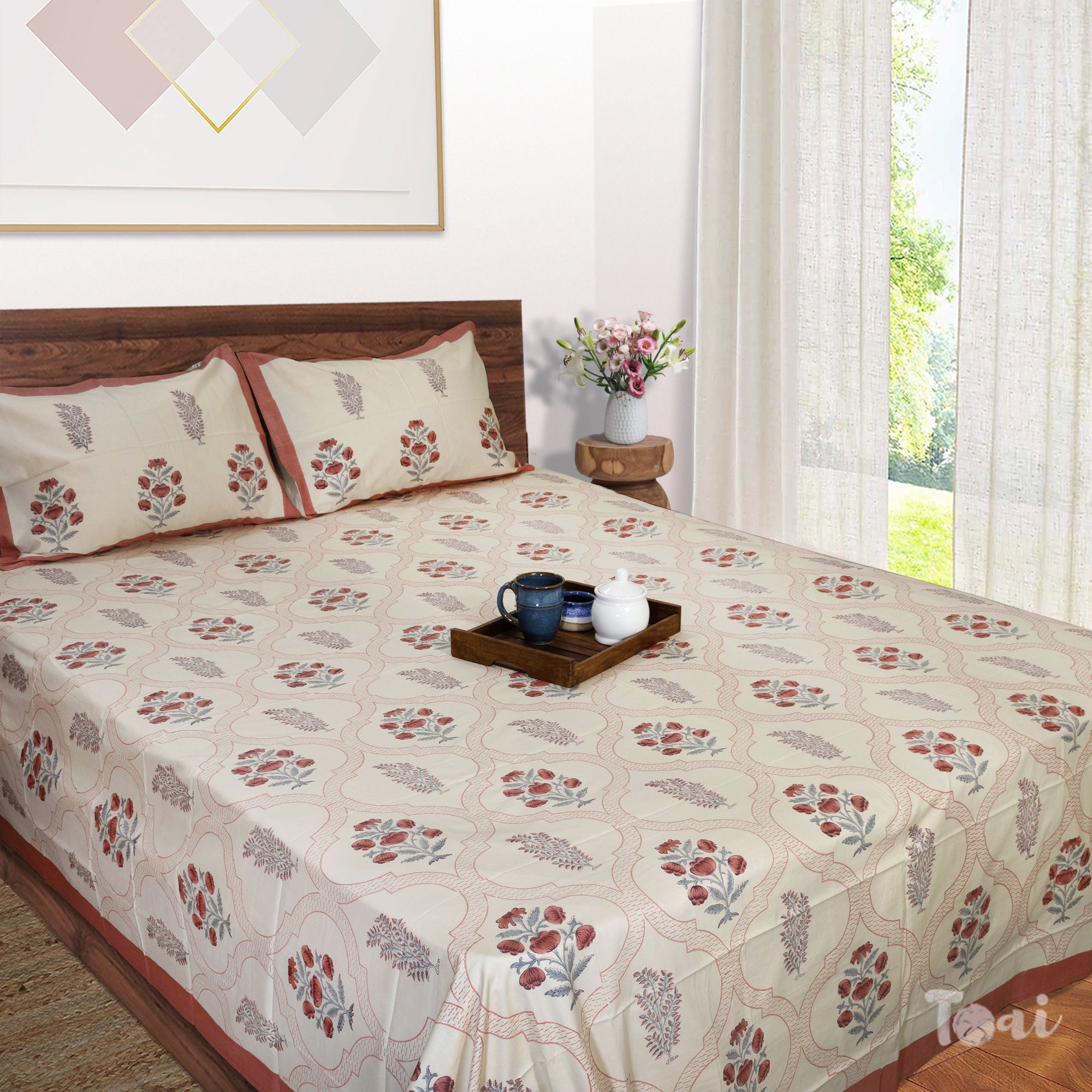 Rust Grey Jaal on Beige  - King Queen Cotton Bed sheet