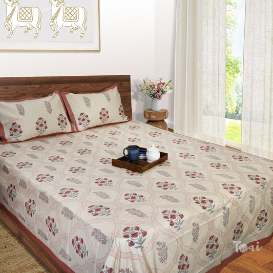 Rust Flower Bush On Beige Artwork| hand block printed bedsheet| Double bed: Queen size, King Size | 300 TC Premium Pure Cotton| Complementing pillow covers