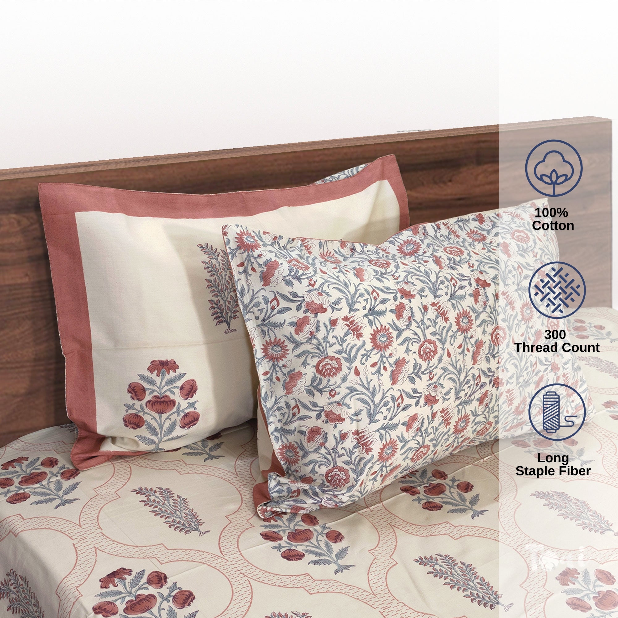 Rust Grey Jaal on Beige  - Bedsheet with Pillow Covers