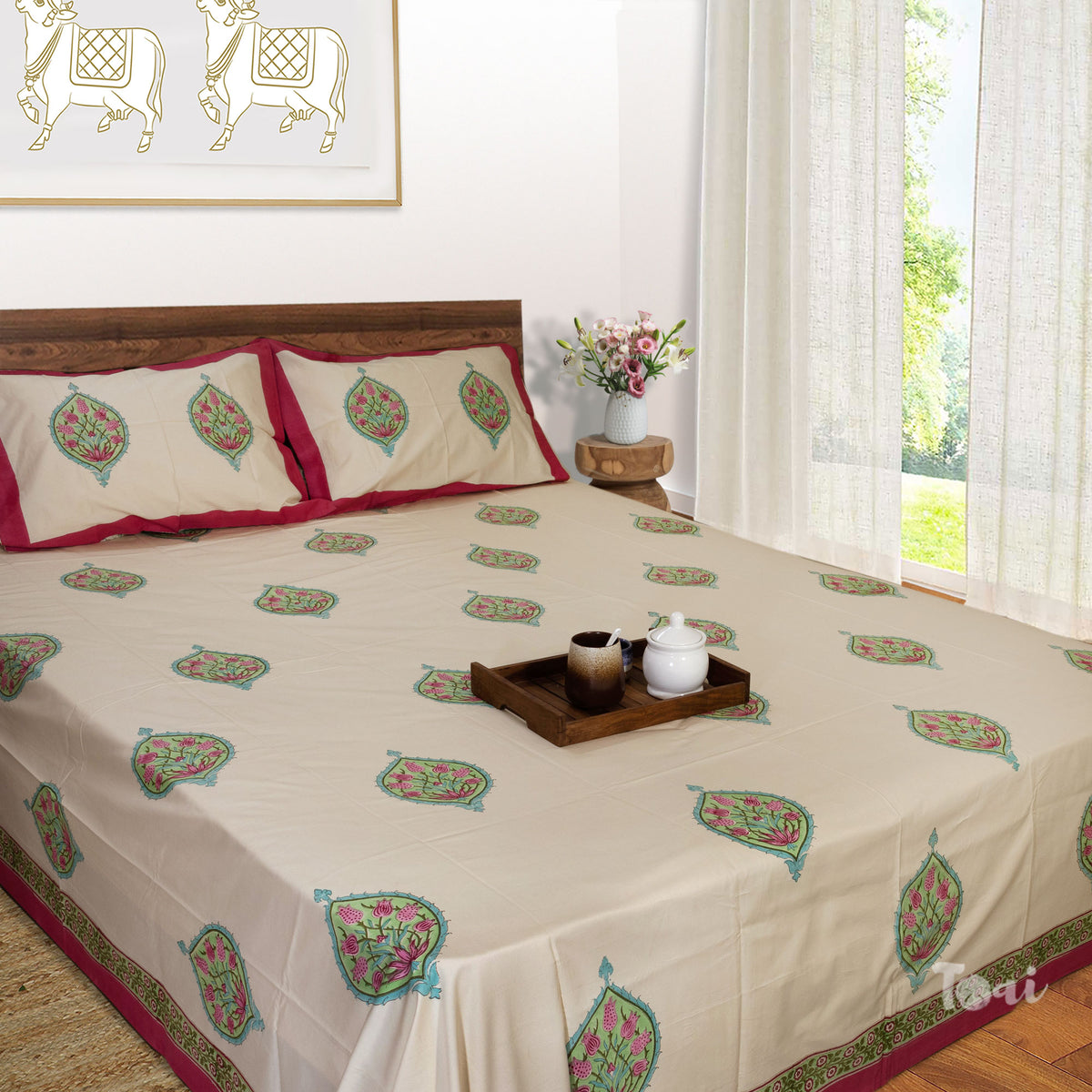 Paan Motive On Beige |hand block printed bedsheet| Double bed: Queen size, King Size | 300 TC Premium Pure Cotton| Complementing pillow covers