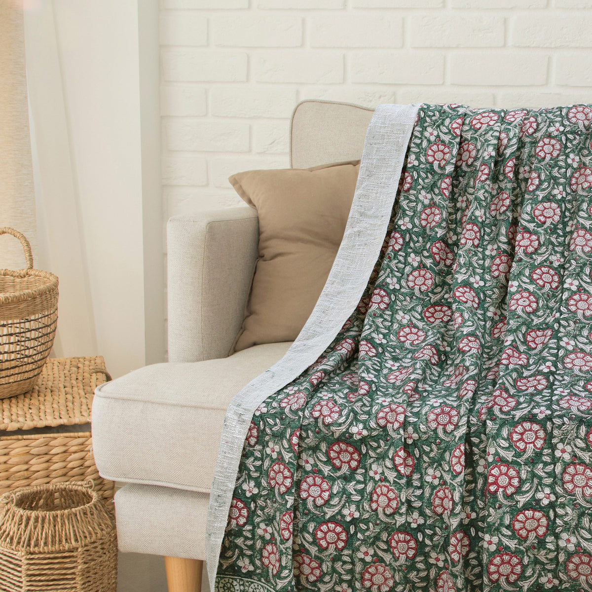 Pink Florals on Green  | MultiColor Florals | Woven Sofa Throw