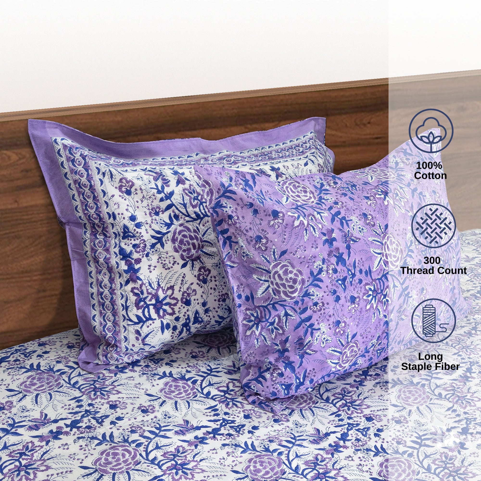 Jaipur Floral Print White Lavender Garden| Premium Bedsheet