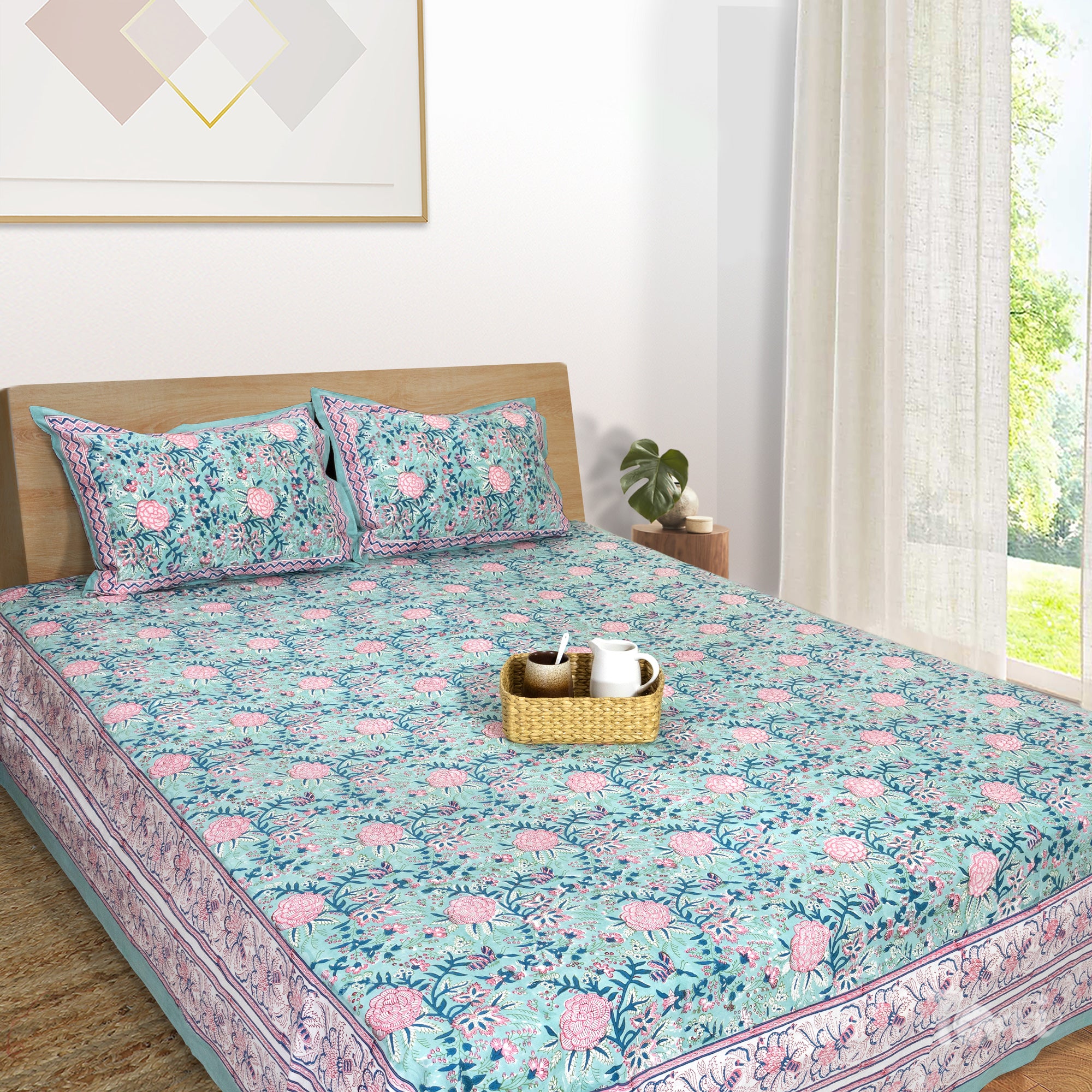 Pink Rose on Green  | Fine Quality Bedsheet
