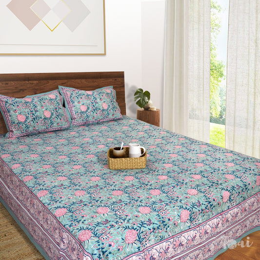 Pastel Pink Roses on Green |hand block printed bedsheet| Double bed ,Queen size | 210 TC Pure Cotton| Complementing pillow covers